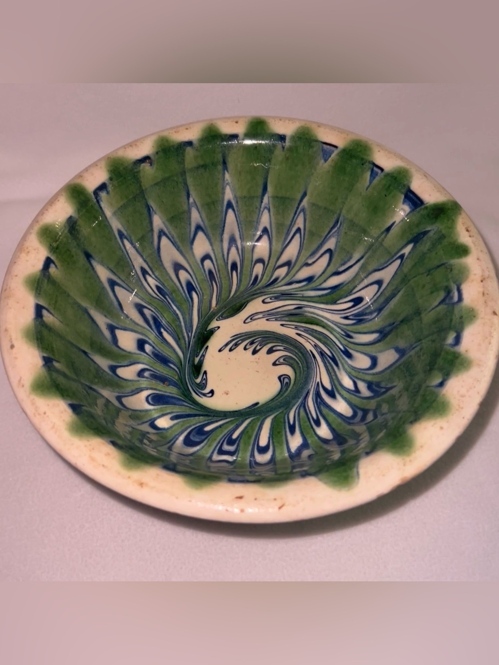 MCM Folk Art Serving Bowl peacock slip trail glaze green and blue swirl mofit